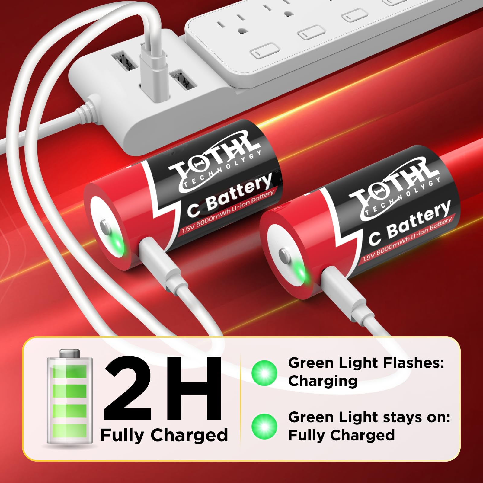 Letoom Baterías C Recargables Con Cable USB 4 En 1, Paquete