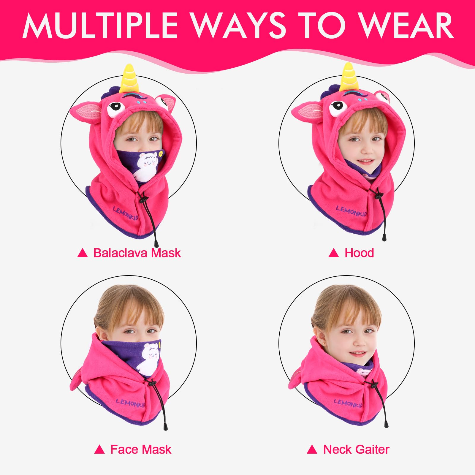 Cagoule d'hiver Thermique pour Enfants 2-12 Ans, Multifonction Coupe-Vent Réglable Masque de Ski, Bonnet en Polaire Chaude, Casquette Cache-Cou Tour de Cou écharpe pour Garçons Filles Plein Air