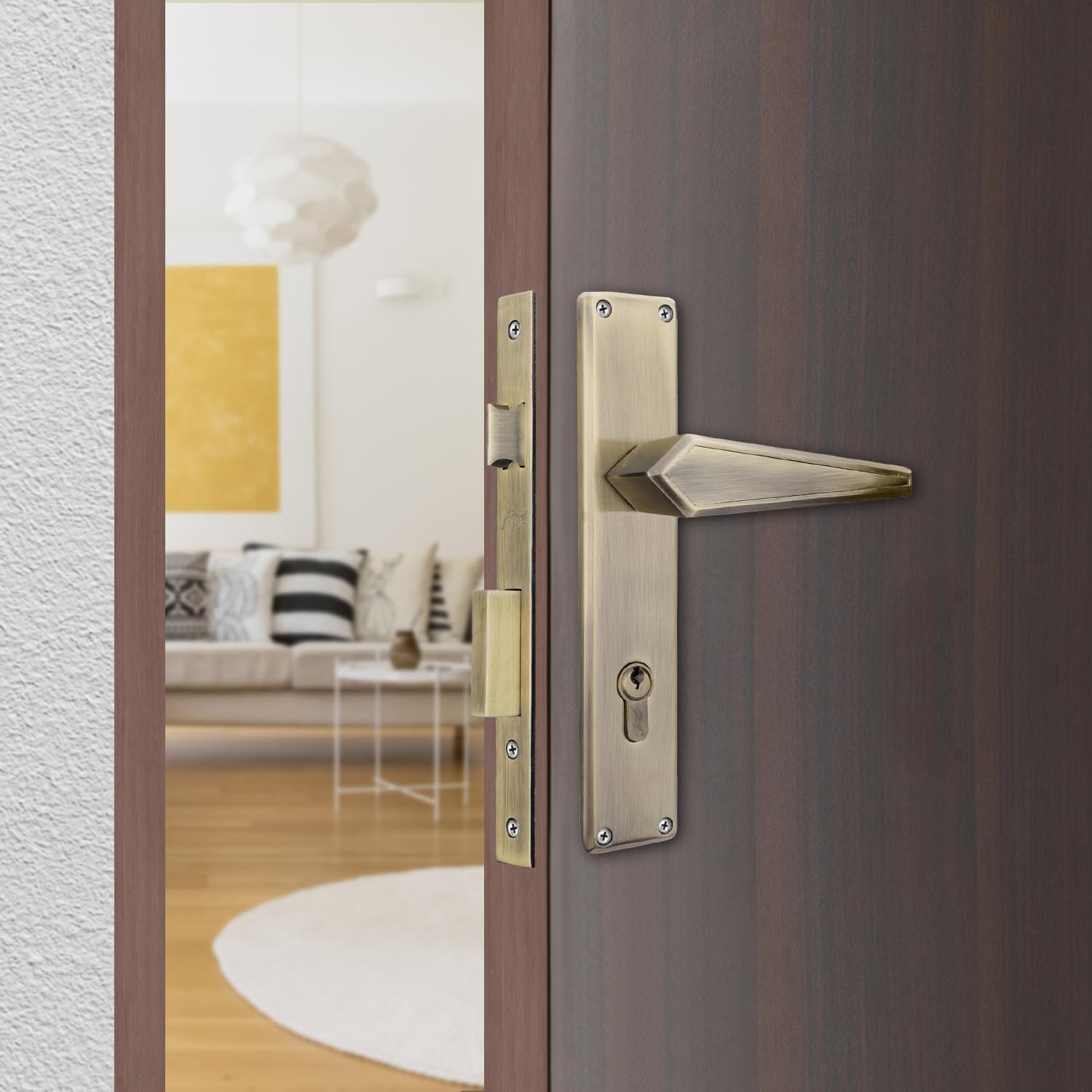 Godrej Mortise Lock|Handle Lock Set for Main & Internal Door of Home & Offices|NEH 22|Antique Brass Finish|10 inch Lockbody|60 mm Cylinder Key from Outside knob from Inside & 3 Keys|5 Years Warranty-image-1