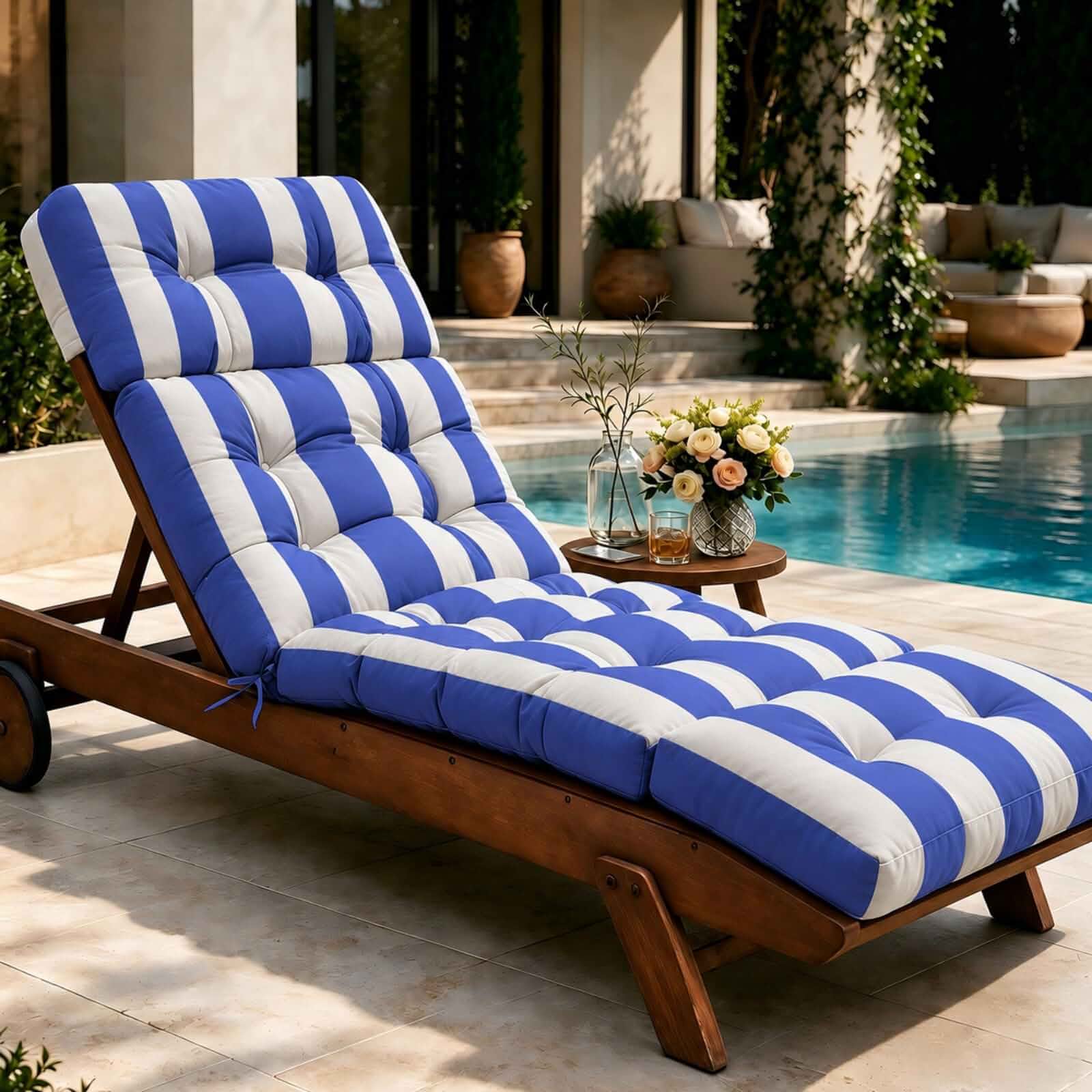 Outdoor Chaise Lounge Chair Cushion Waterproof 74.4x22x4.7 Inch Stripe Blue&White, Waterproof Oxford Fabric, Memory Foam Filling, Patio Pool Lounge Cushions Replacement, Non-Slip, Ties