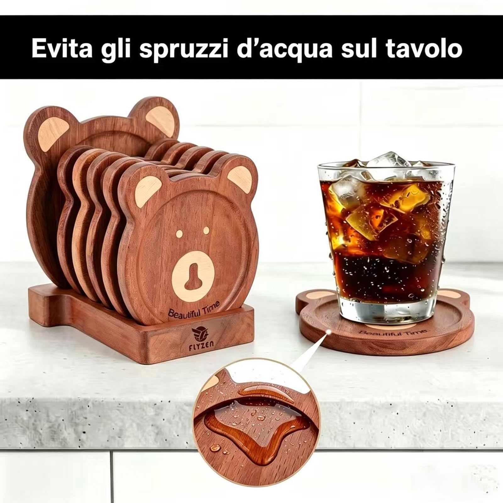 Set 6 sottobicchieri legno rotondi orso incastonato mano 11,5x9,5x1 cm marrone scuro