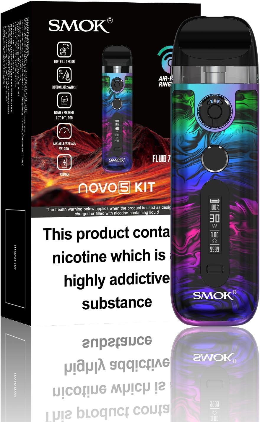 NOVO 5 Vape Kit (Fluid 7 Color) - Rechargeable, Compact, Stylish and Powerful, Compatible with Novo 5 Mesh 0.7 Ohm POD Cartridge, 2mL, E Cigarette, Starter Kit, No Nicotine