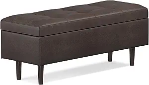 SIMPLIHOME Shay 48 inch Wide Mid Century Modern Rectangular Storage Ottoman in Distressed Chestnut Brown Vegan Faux Leather, Assembled, For the Living Room, Entryway and Family Room
