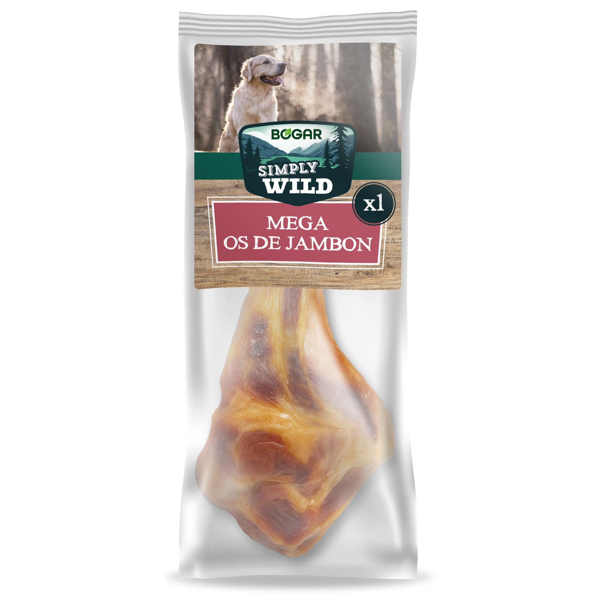 Bogar - Simply Wild - Friandises pour Chien - Nourriture pour Chiens en Complément de l'Alimentation Habituelle - Friandise sous Forme de Méga Os de Jambon - 100% Porc Séché - Aide à la Mastication