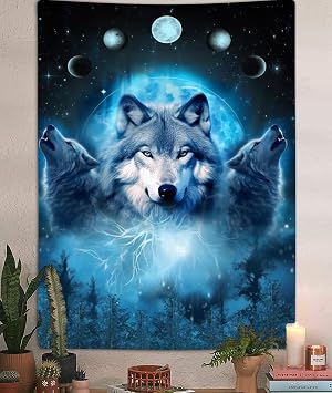 Cool Wolf Moon Tapestry, Blue Galaxy Moon Phase Forest Wall Hanging for Men Teen Boys Girls Bedroom Aesthetic, Fantasy Animals Vertical Tapestries Poster Blanket College Dorm Decor 40X60