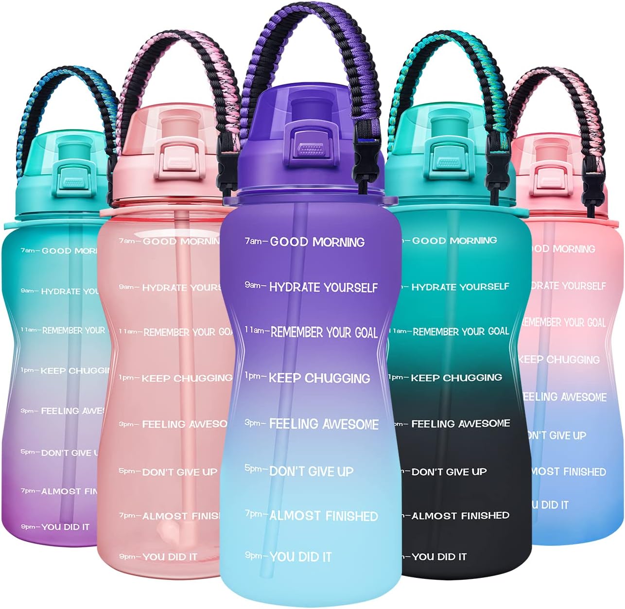 Giotto Large 1 Gallon/64 oz Motivational Water Bottle with Paracord Handle & Removable Straw - Leakproof Fitness Sports Water Jug with Time Marker