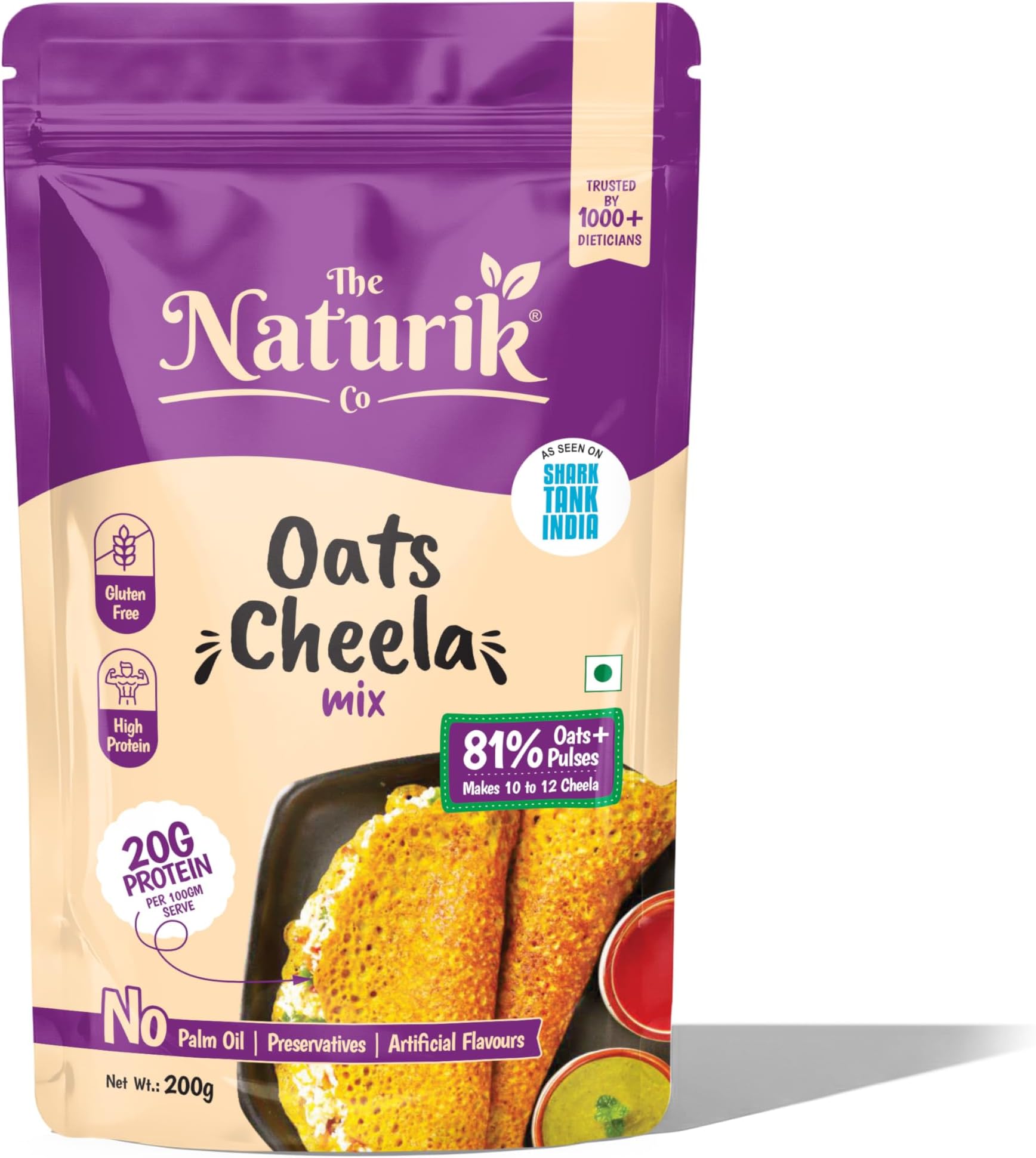 The Naturik Co. Oats Chilla Mix 200g: Instant, Ready-to-Cook Cheela & Dosa Mix with 80% Oats & Pulses, High-Protein Healthy Breakfast Option for Kids & Family | As Seen On Shark Tank