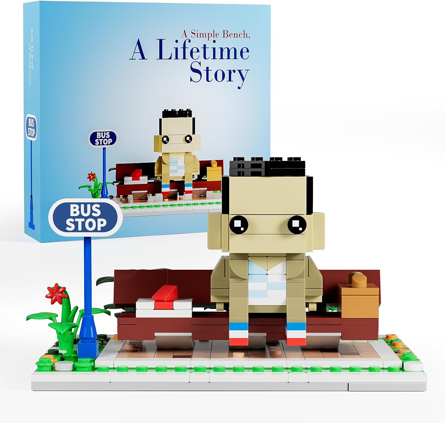 Inspirational Movie Story in Forrest Bench Building Block with Action Figure Compatible for Lego, Creative Collectible Display Desk Decor Gift for Adults Boys 8-12 Birthdays, Father's Days Christmas