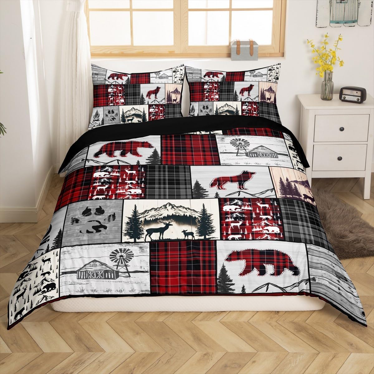 jejeloiu Lodge Cabin Duvet Cover Set Bear Silhouette Bedding Set for Kids Boys Girls Pine Tree Comforter Cover Wild Animal Jungle Style Quilt Cover Room 2Pcs Toddler Size,Zipper,No Comforter