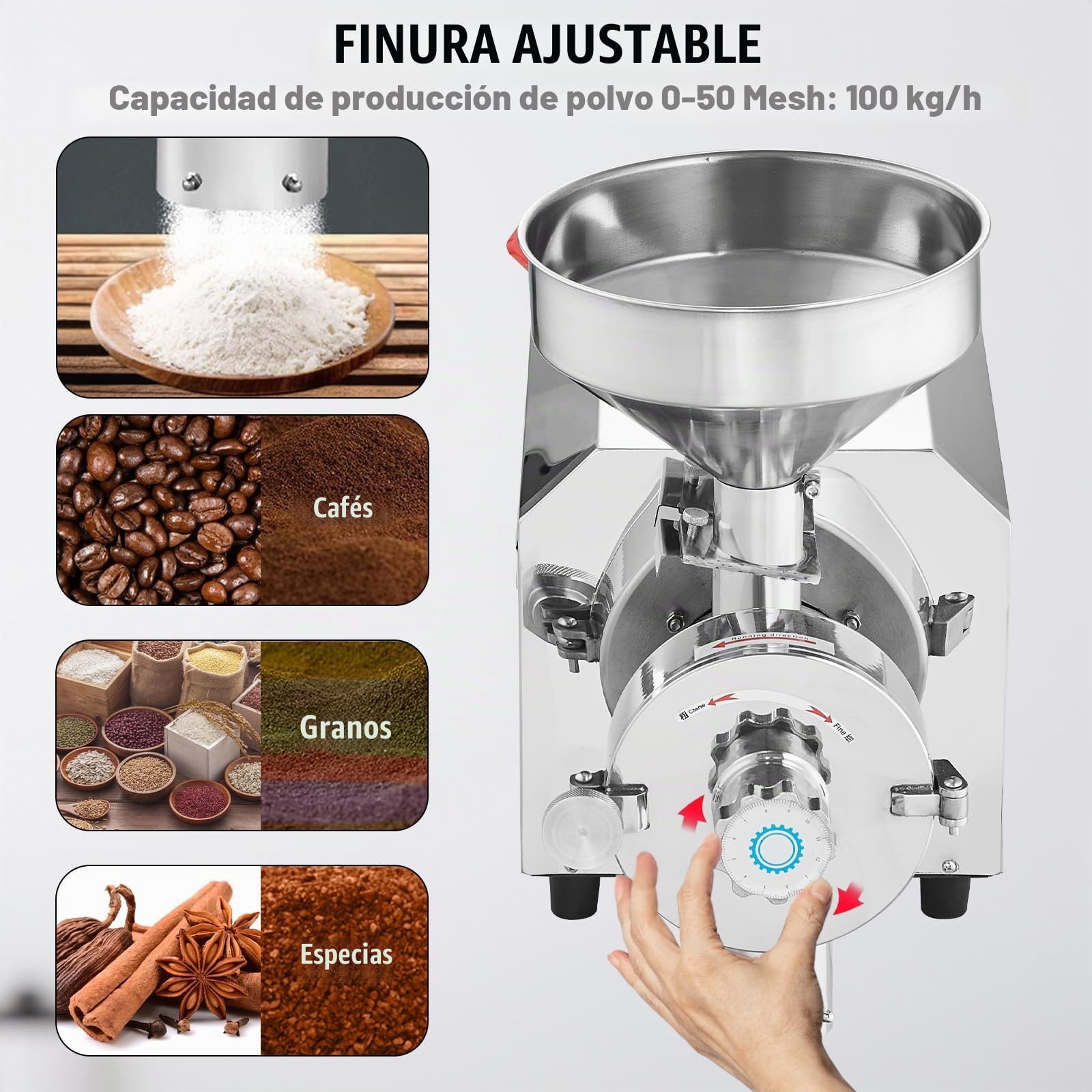 VEVOR Molinillo Eléctrico de Grano 3000 W Molinillo de Especias Comercial de Acero Inoxidable Alta Velocidad Molino de Harina de 100 kg/h para Moler Especias Hierbas Pimientos Maíz Cacahuetes