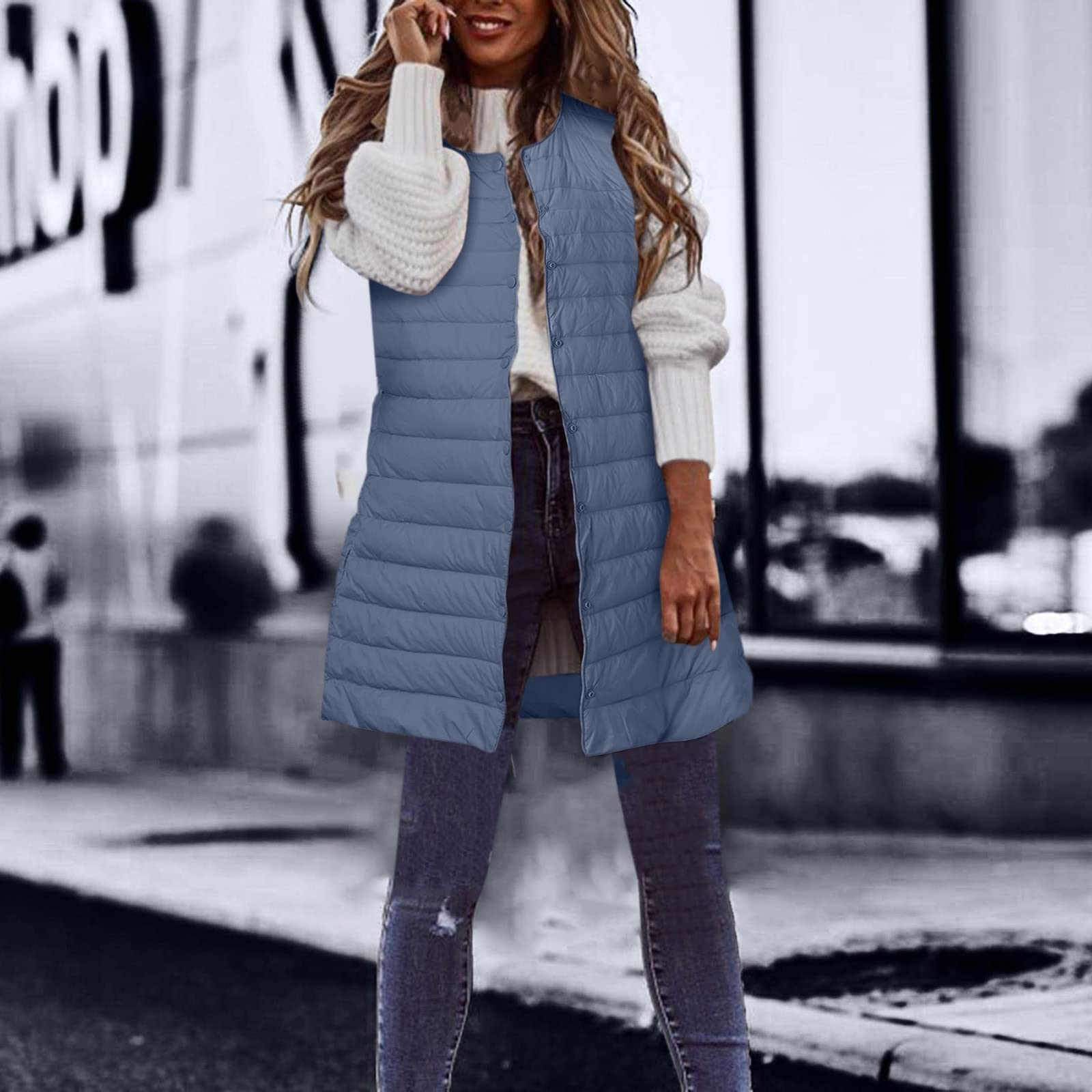 Generisch Gilet in piuma da donna, lungo, leggero, trapuntato, da donna, taglie forti, caldo, per le mezze stagioni, senza maniche, in tinta unita, con colletto alto, in cotone, casual, per attività