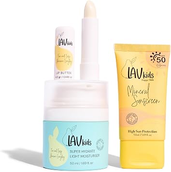 LAV KIDS Sun Ready Set, Face Moisturiser, SPF 50 Sunscreen, Lip Butter, Gift Box with Hairband Blue Cream