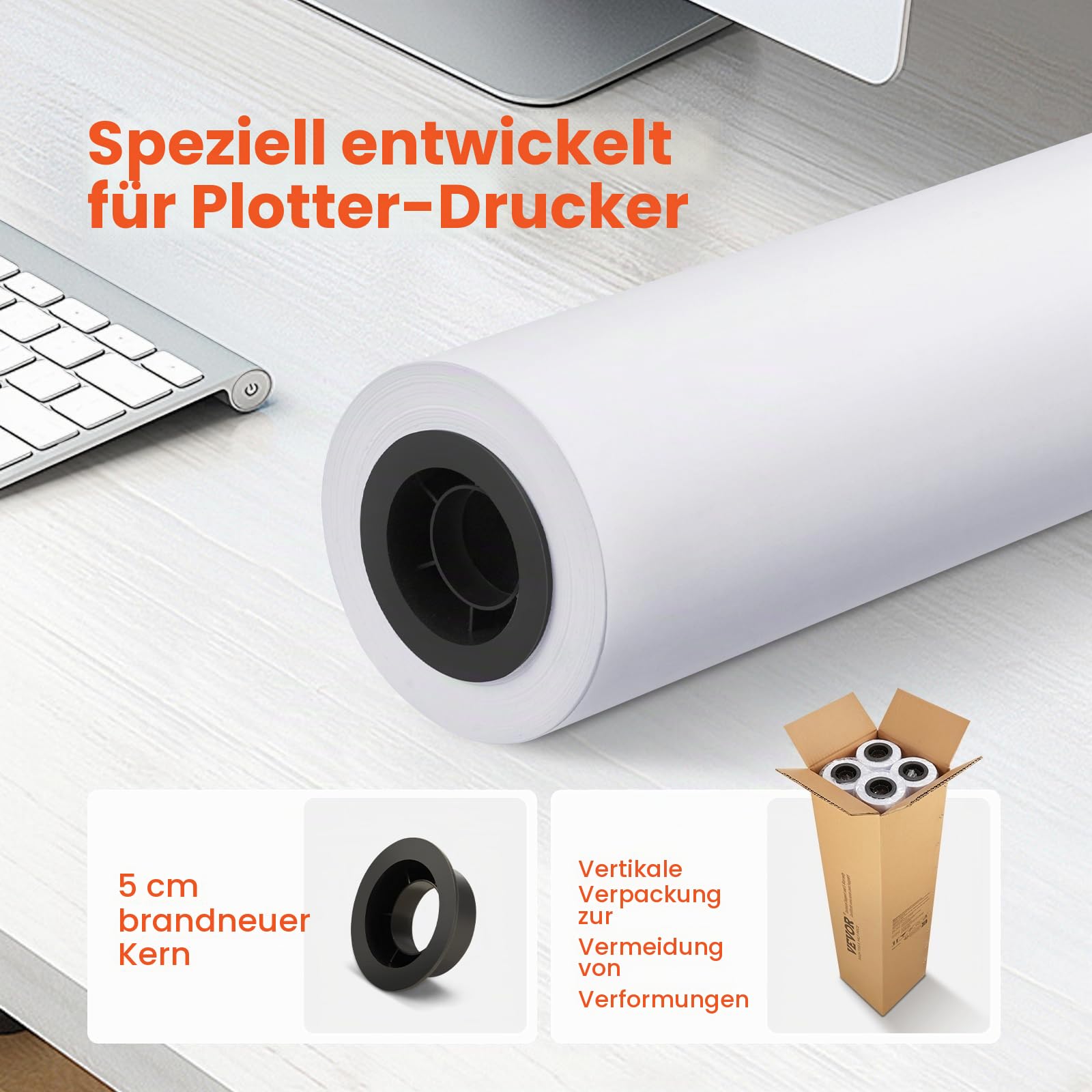 VEVOR Großformatpapier Plotterpapier 45,7 m x 915 mm 4 Rollen CAD-Bond-Rollen mit 50,8 mm Kern, Zeichenrollen für CAD-Zeichnungen, technische Pläne, GIS-Karten und Architekturentwürfe Weiß