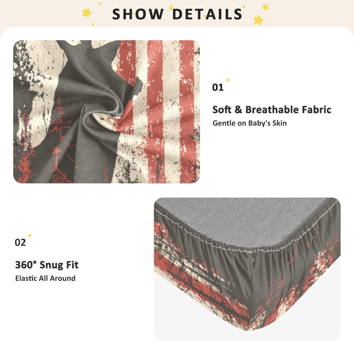 Deer American Flag Crib Sheets Soft Breathable Fitted Cotton Baby Crib Sheets Mattress Cover for Girl Boy, 52" x 28" x 9"