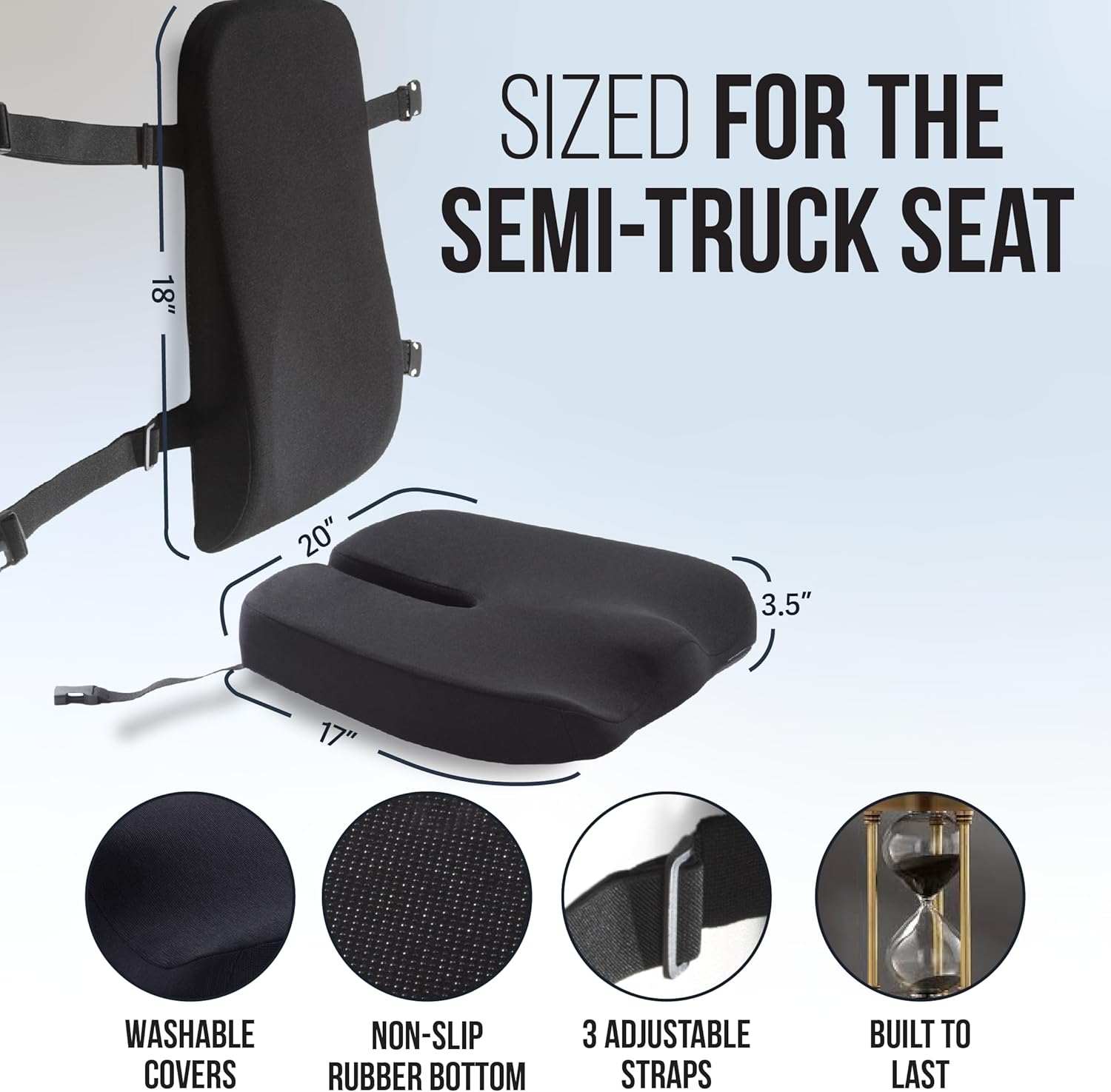 Elmara Doctor-Designed Semi-Truck Seat Cushion for Truck Driver – The Ultimate Comfort Solution for Long-Haul Drivers – Trucker Seat Cushion & Back Support – 2-Piece Ergonomic Set (Black) - Image 6