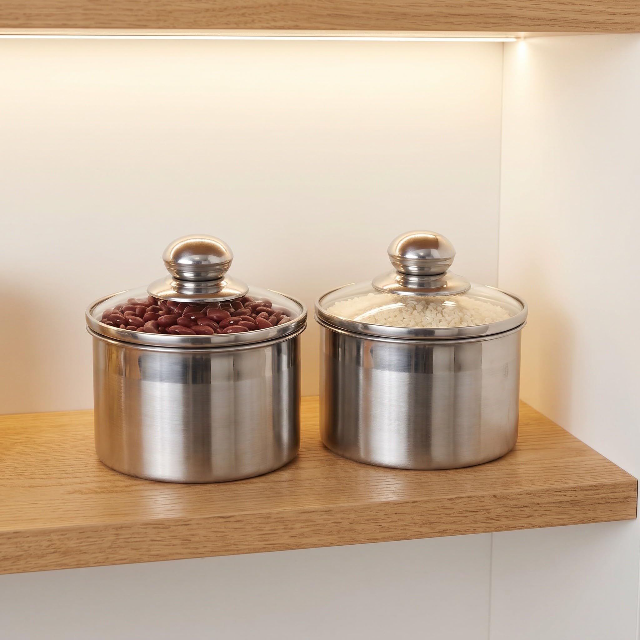 2 botes de cocina de acero inoxidable con tapa de vidrio, 700 ml/24