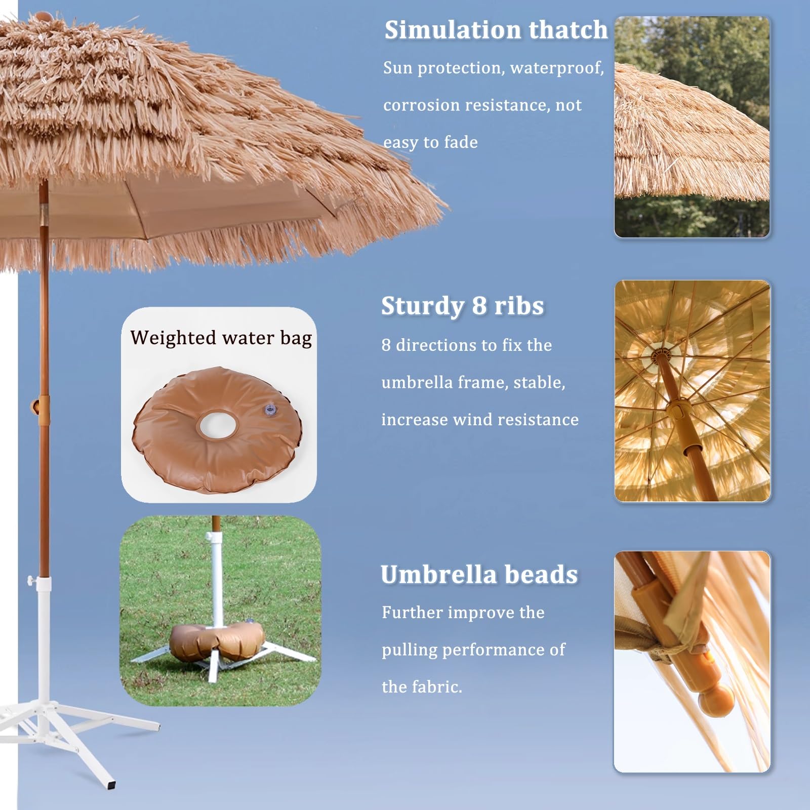 Parasol tarasowy kryty strzechą z podstawą, hawajski styl, trawa, parasol plażowy z 8 żebrami, regulacja nachylenia, parasole Tiki do basenu zewnętrznego, ogrodu, na taras, plażę