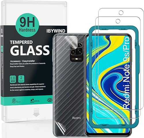 Ibywind Protector de pantalla para Redmi Note 9S9 Pro, con 2 piezas de vidrio templado, 1 protector de lente de cámara, 1 película de fibra de