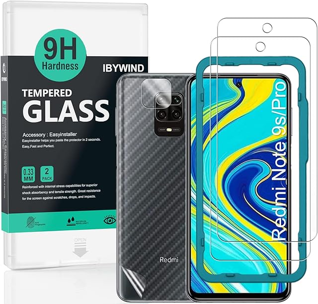 Ibywind Screen Protector for Redmi Note 9S / Redmi Note 9 Pro [Pack of 2] with Camera Lens Protector,Back Carbon Fiber Skin Protector,Including Easy Install Kit