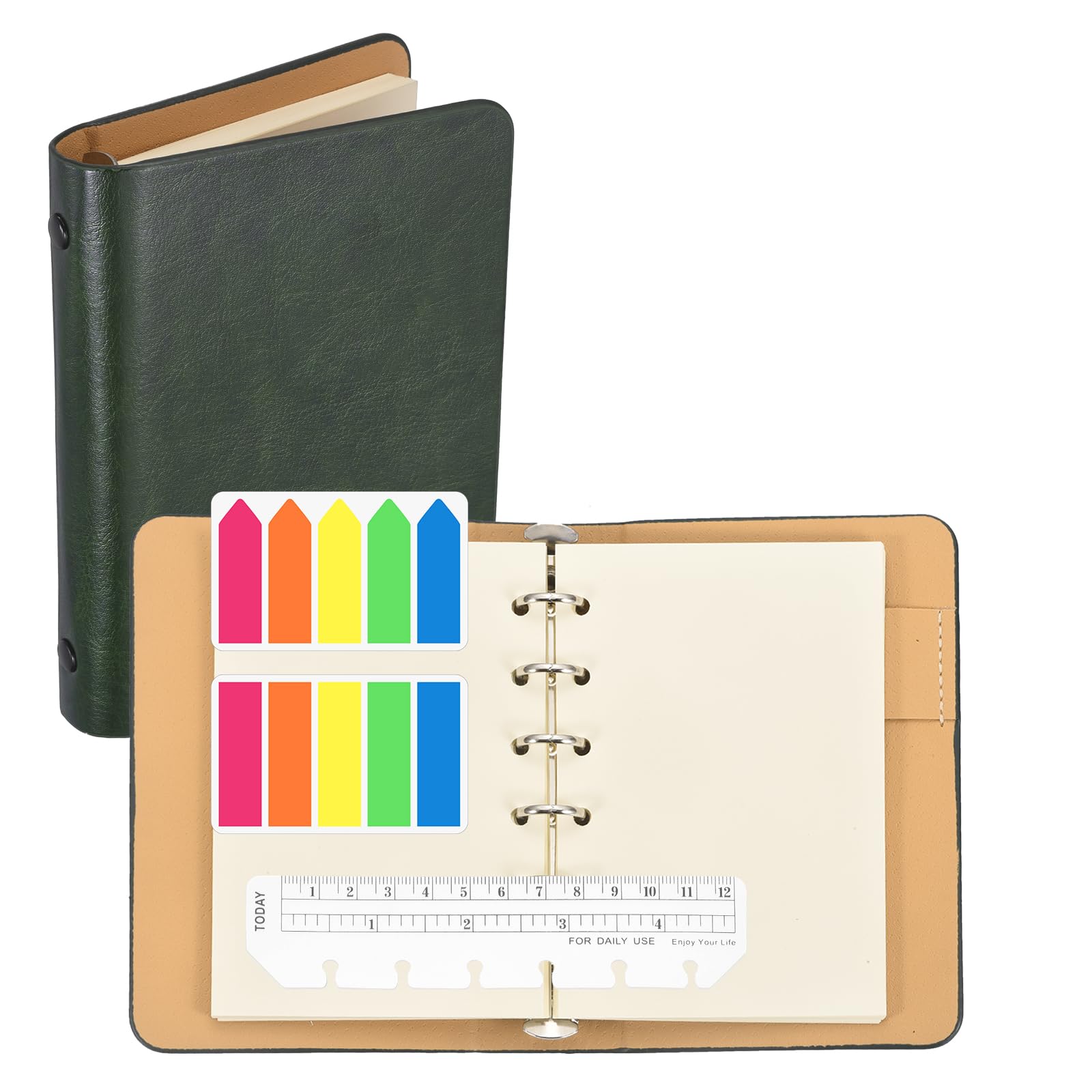 PATIKIL A6 Blank Pages 6 Ring Binder, Leather Notebook with Transparent Bookmark Ruler and Colorful Index Sticky Tabs for Office Study Work, Forest Green