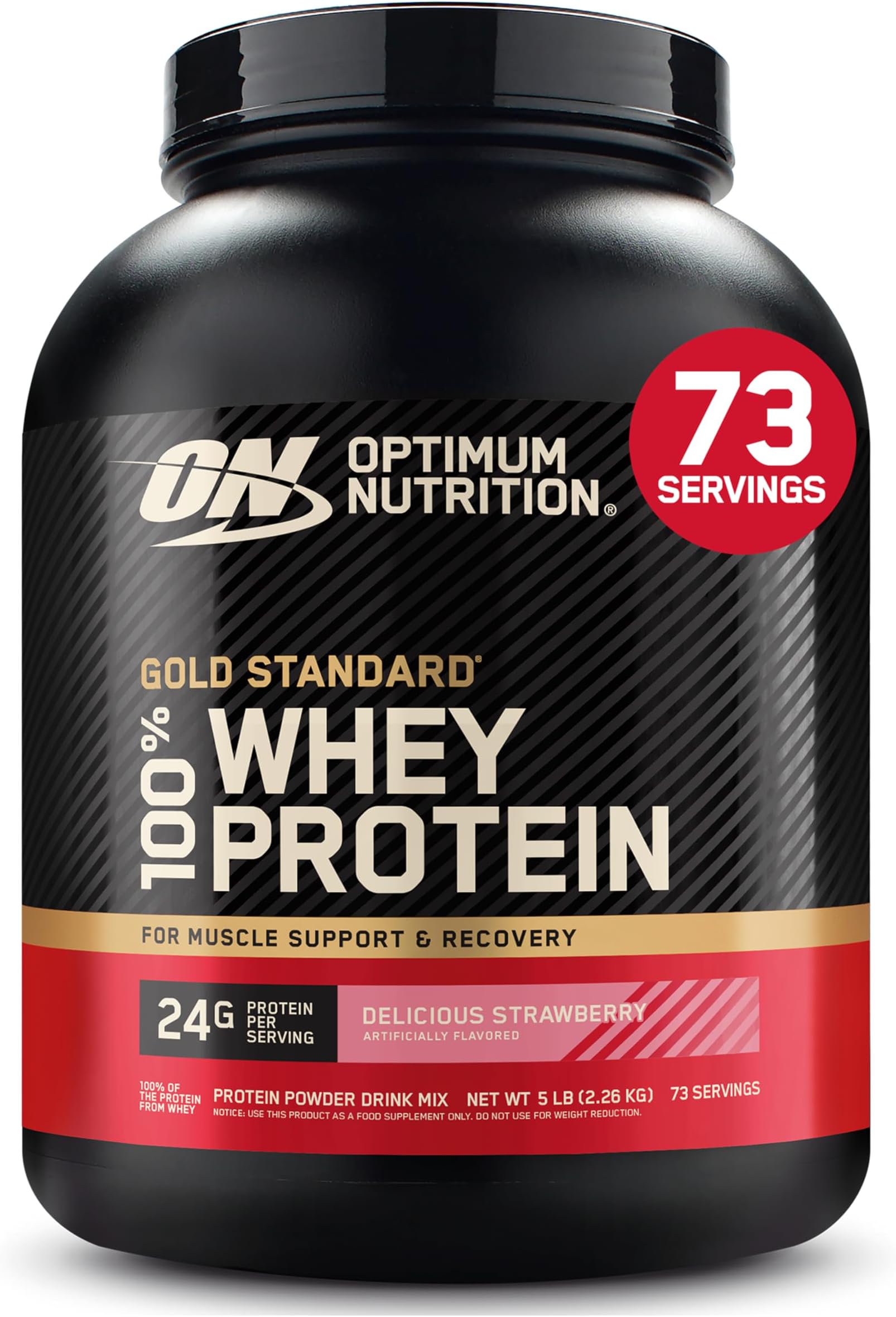 (ON) Gold Standard 100% Whey Protein Powder Primary Source Isolate, 24 Grams of Protein for Muscle Support and Recovery - Delicious Strawberry, 5 Lbs, 73 Servings (2.27 KG)