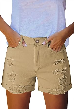 HUUSA Women's Ripped Denim Shorts High Waist Distressed Jean Shorts Casual Rolled Hem Frayed Short Jeans with Pockets