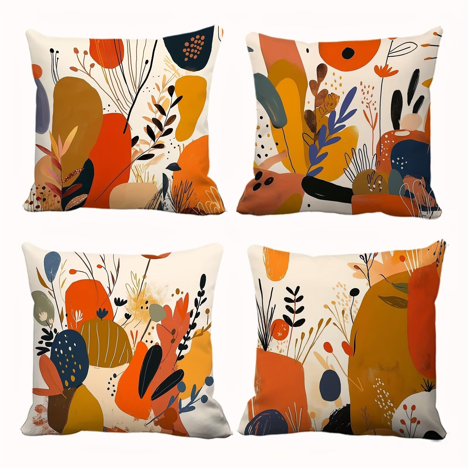 Lot de 4 housses de coussin en lin 40x40 cm rouge brun bleu pour canapé
