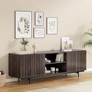 Havemies Mid Century Farmhouse TV Stand with Fluted Details & Pop-Up Doors - Retro Wood Entertainment Center for 75 Inch TV, Blends Vintage Charm with Modern Function (Natural Walnut)