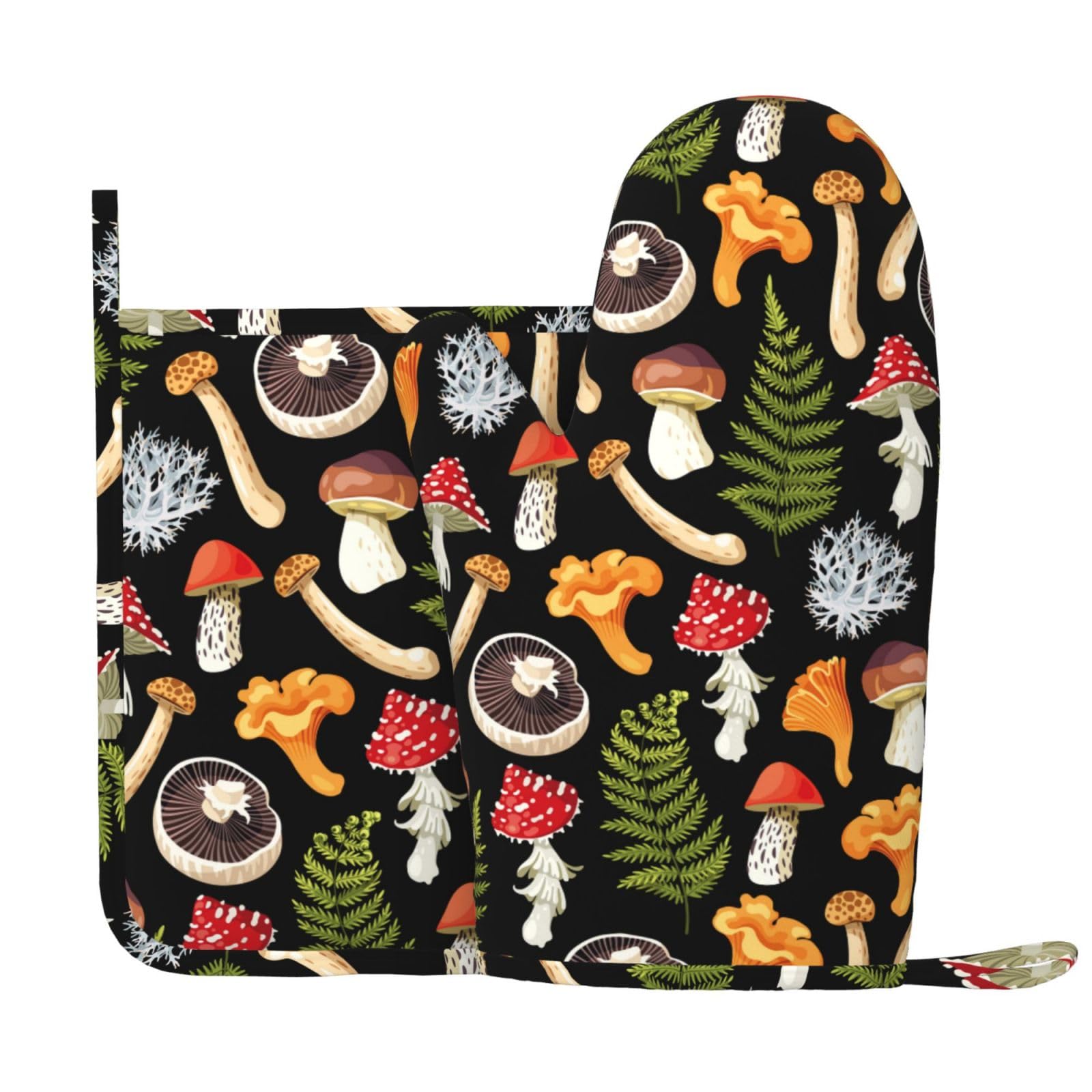 Bright Mushroom Fern Oven Mitts and Pot Holders Set of 2 Silicone Heat Resistant Oven Mitten Potholders Non Slip Gloves Kitchen Decor for BBQ Cooking Grilling Baking