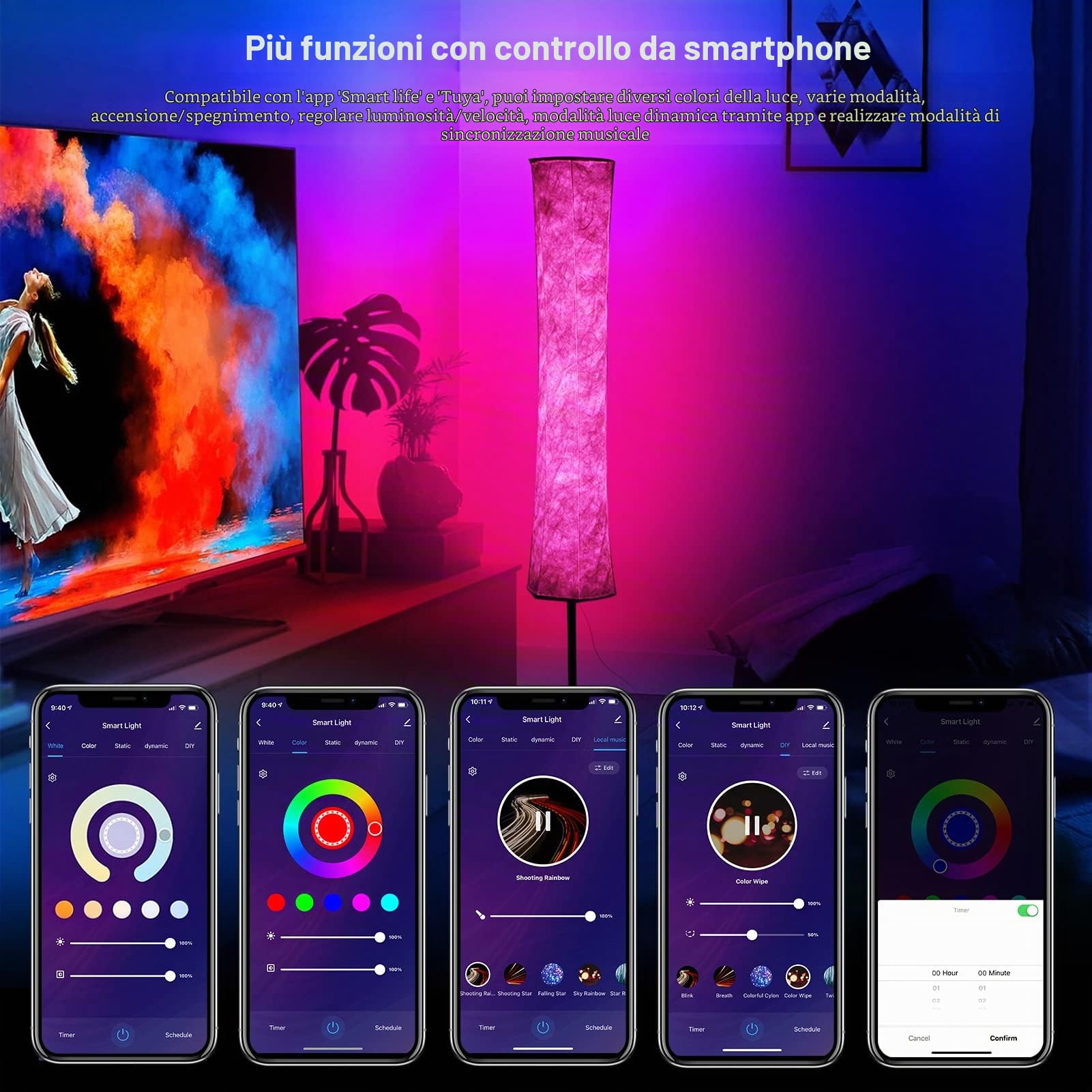 Neoglint Lampada da Terra LED Dimmerabile,11W RGB Lampada Terra con Controllo App Telefono,32 Modalità Multicolori,Sincronizzazione Musica,Velocità Luminosità Regolabile, Soggiorno Camera da Letto