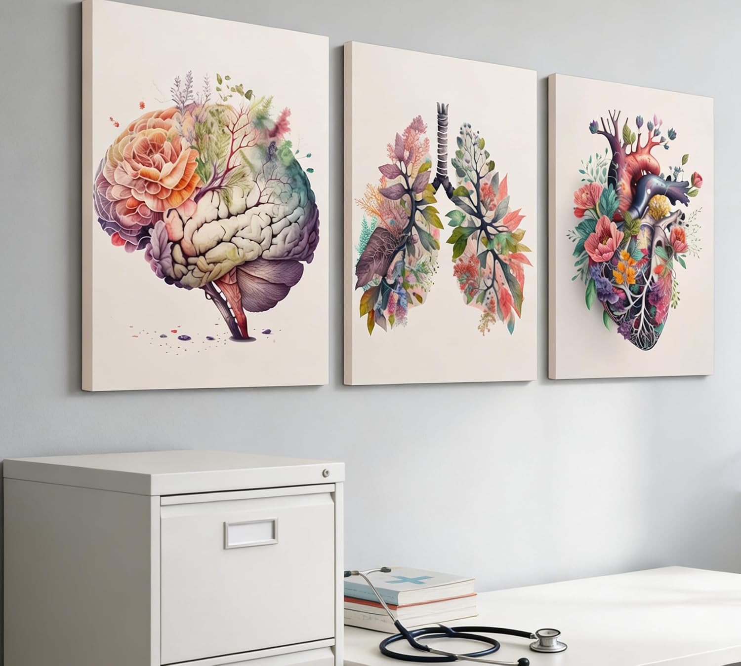 3 Pcs Floral Anatomy Canvas Wall Art - Watercolor Brain Lungs Heart with Flowers Prints, Abstract Medical Botanical Wall Decor for Doctor Office Hospital, Modern Framed Artwork Set Ready to Hang