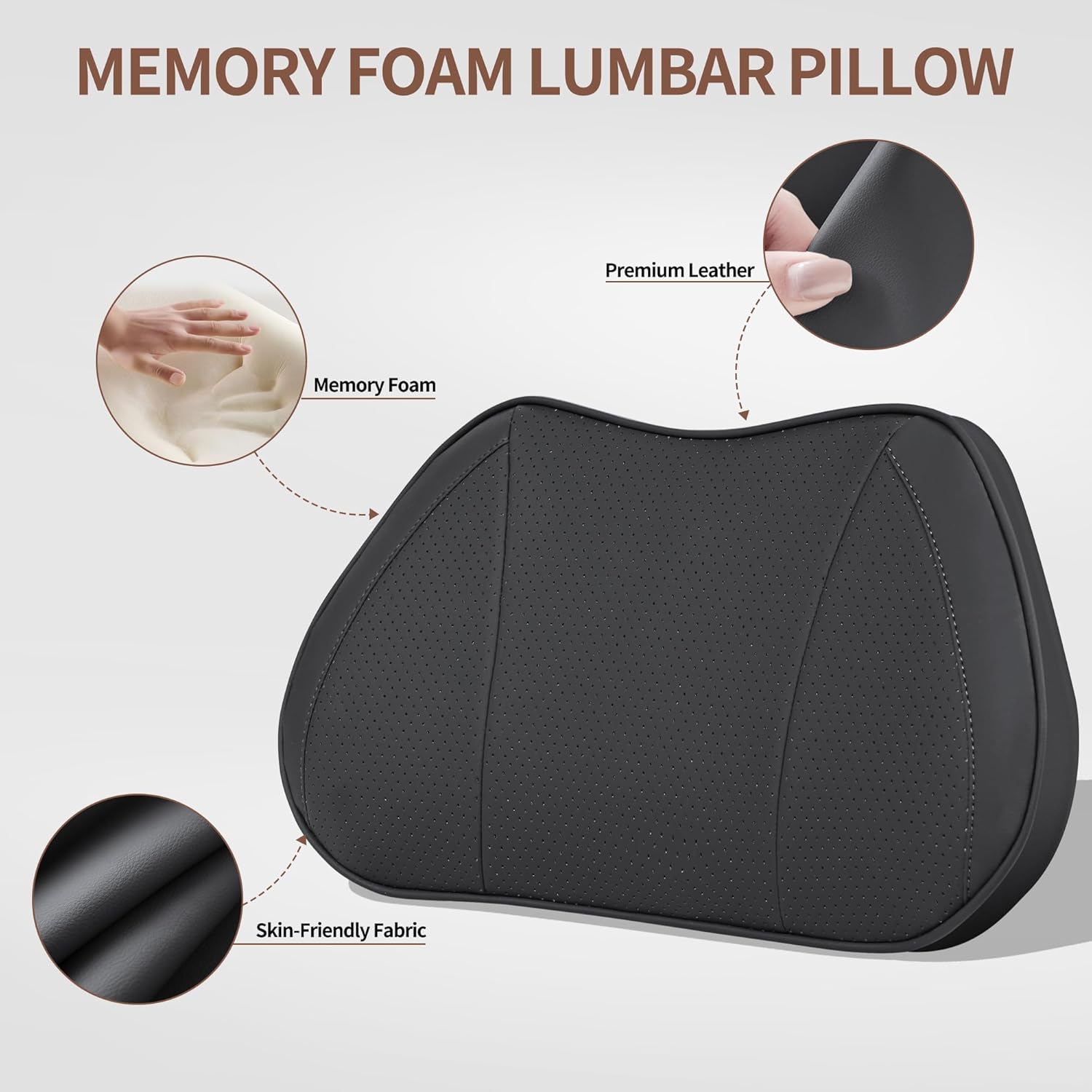 Lumbar Support Pillow for Car, Premium Leather Memory Foam Lumbar Cushion for Lower Back Pain Relief, Universal Back Support for Driving, Home & Office Chairs, Black, 1 Pack