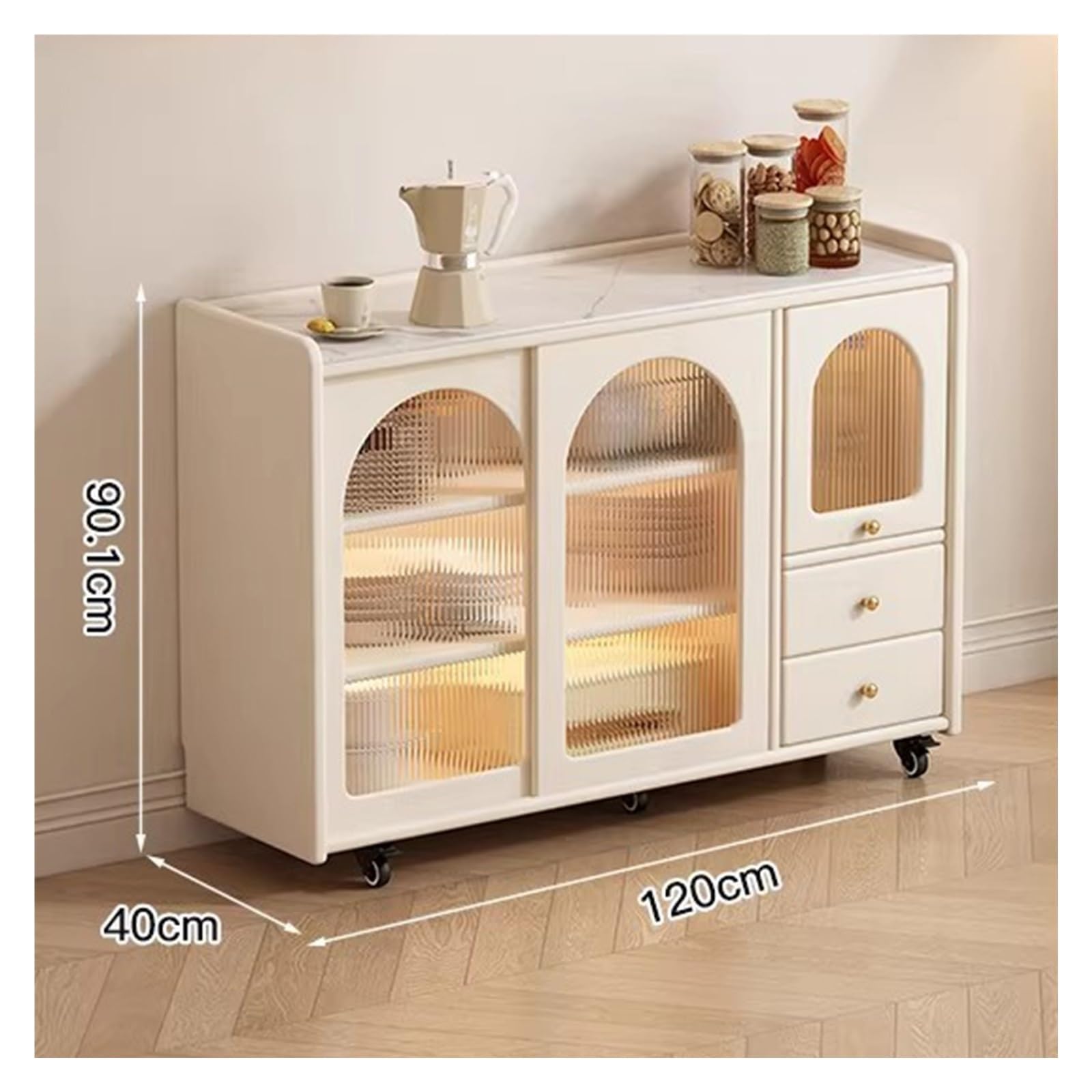 Carrello da cucina Credenza a isola con cassetti, ante in vetro scanalato e ruote con serratura(L)