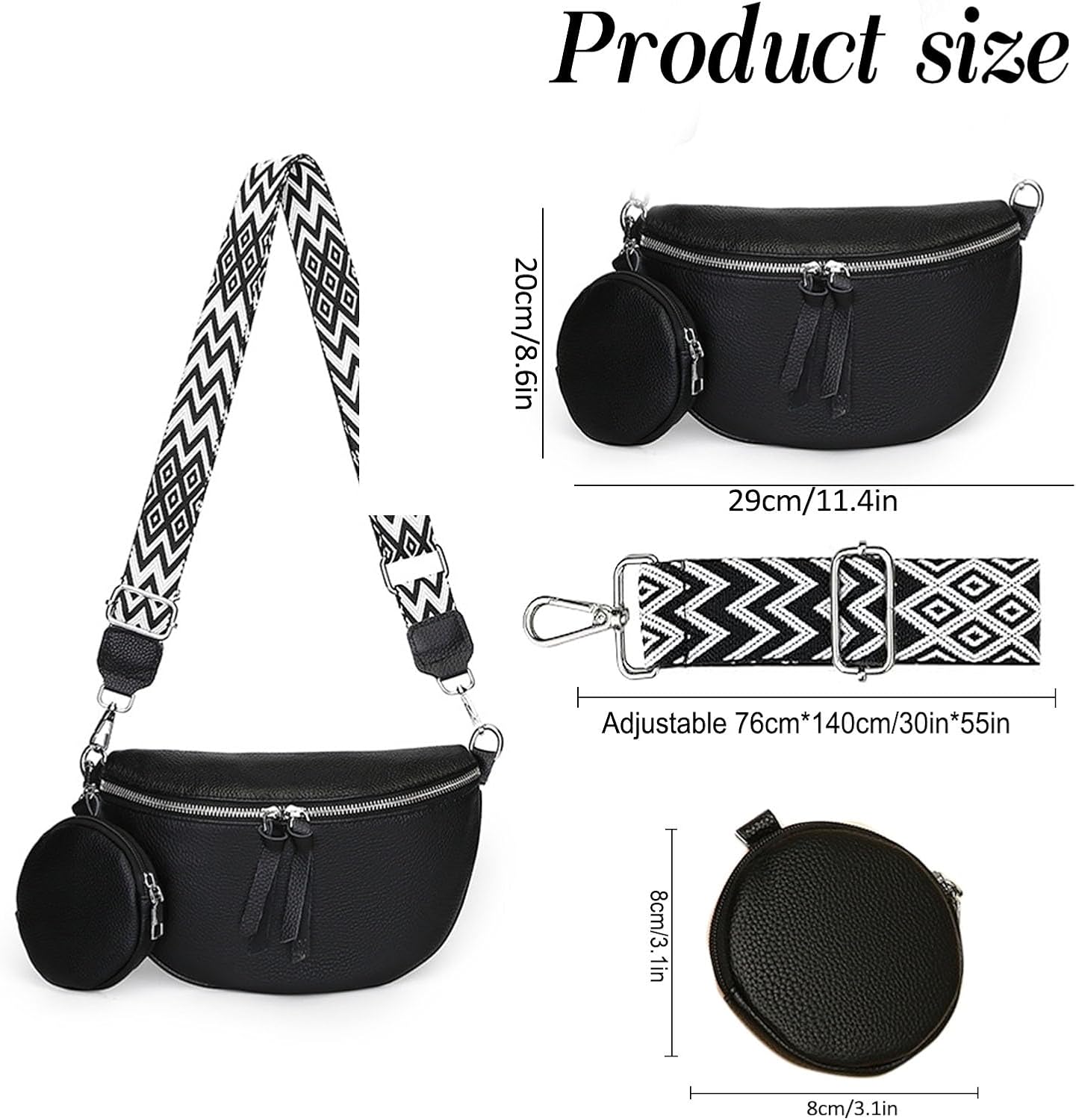 Genuine Leather Fanny Pack Crossbody Bags - Fashion Sling Purse Chest Belt Bum Bag CrossBody Purse for Women Travel Camping(B - Black) - Image 3