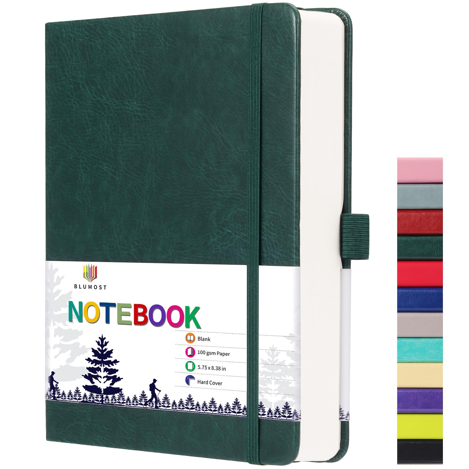 BLUMOST Blank Paper Notebook - 280 Pages A5 Blank Journal Notebook with 100gsm Thick Blank Paper, Hardcover, PU Leather, 5.75'' × 8.38''-Dark Green