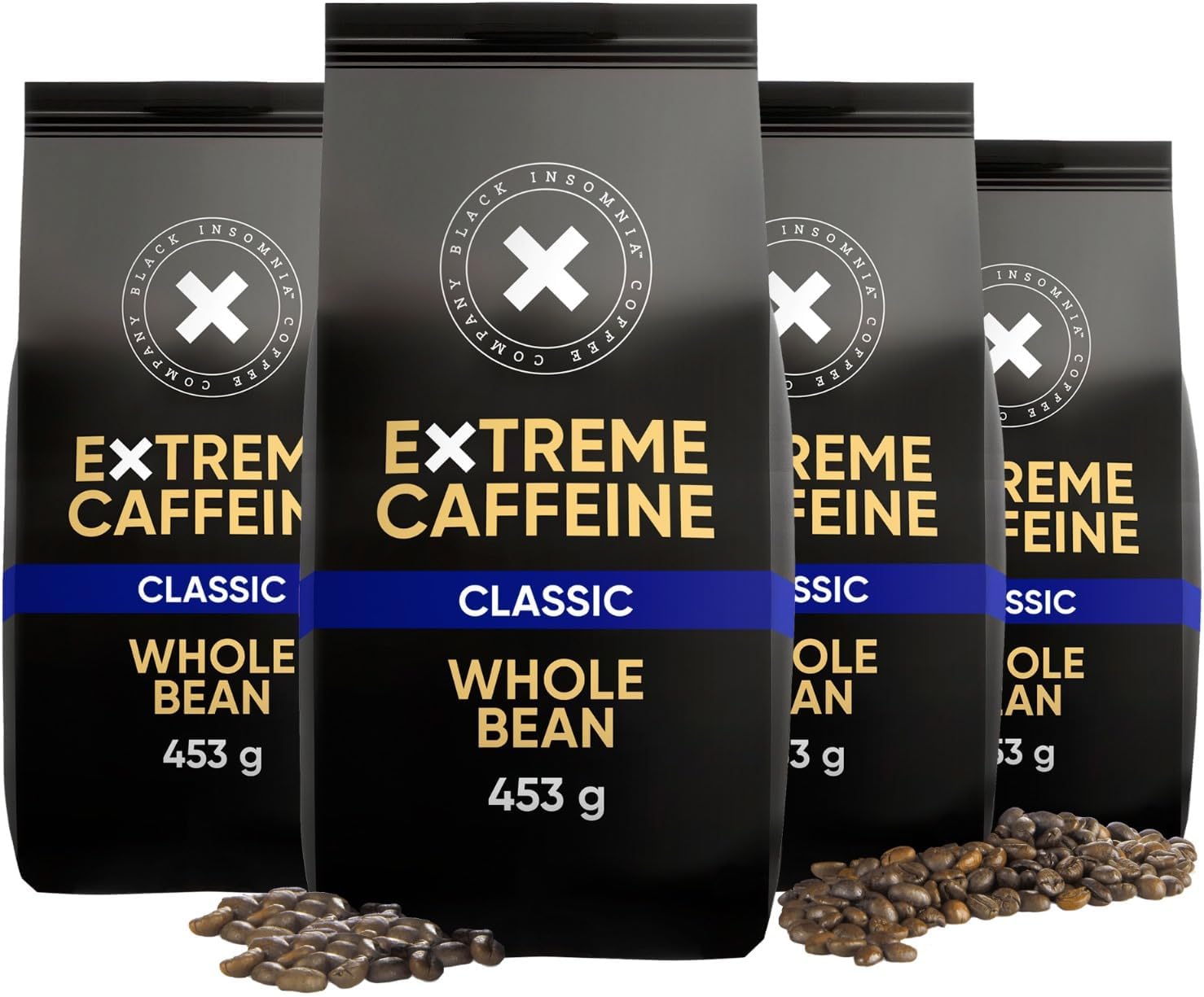Black Insomnia High Caffeine Coffee Beans I 1105 mg Caffeine per Cup I Strongest Coffee in the World for Maximum Energy I 100% Robusta Beans I Low Acid, Medium Roast, Classic Flavour, 4 x 453g