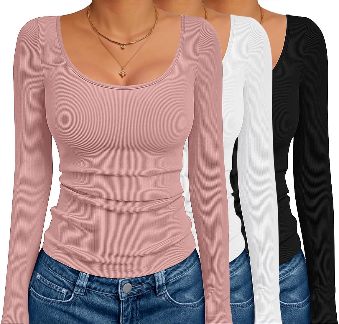 3 Pack Long Sleeve Shirts for Women Scoop Neck Ribbed Thermal Tops Slim Fit Basic Undershirts Black/White/Pink M