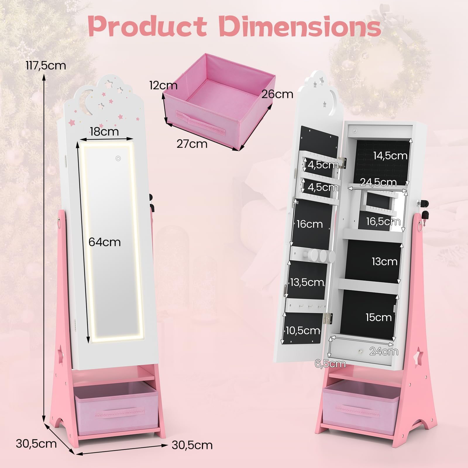 FANTASK Armoire à bijoux pour enfants - Armoire miroir avec éclairage LED et miroir complet - Verrouillable - Organiseur de bijoux inclinable avec miroir intérieur et tiroirs - Pour chambre d'enfant