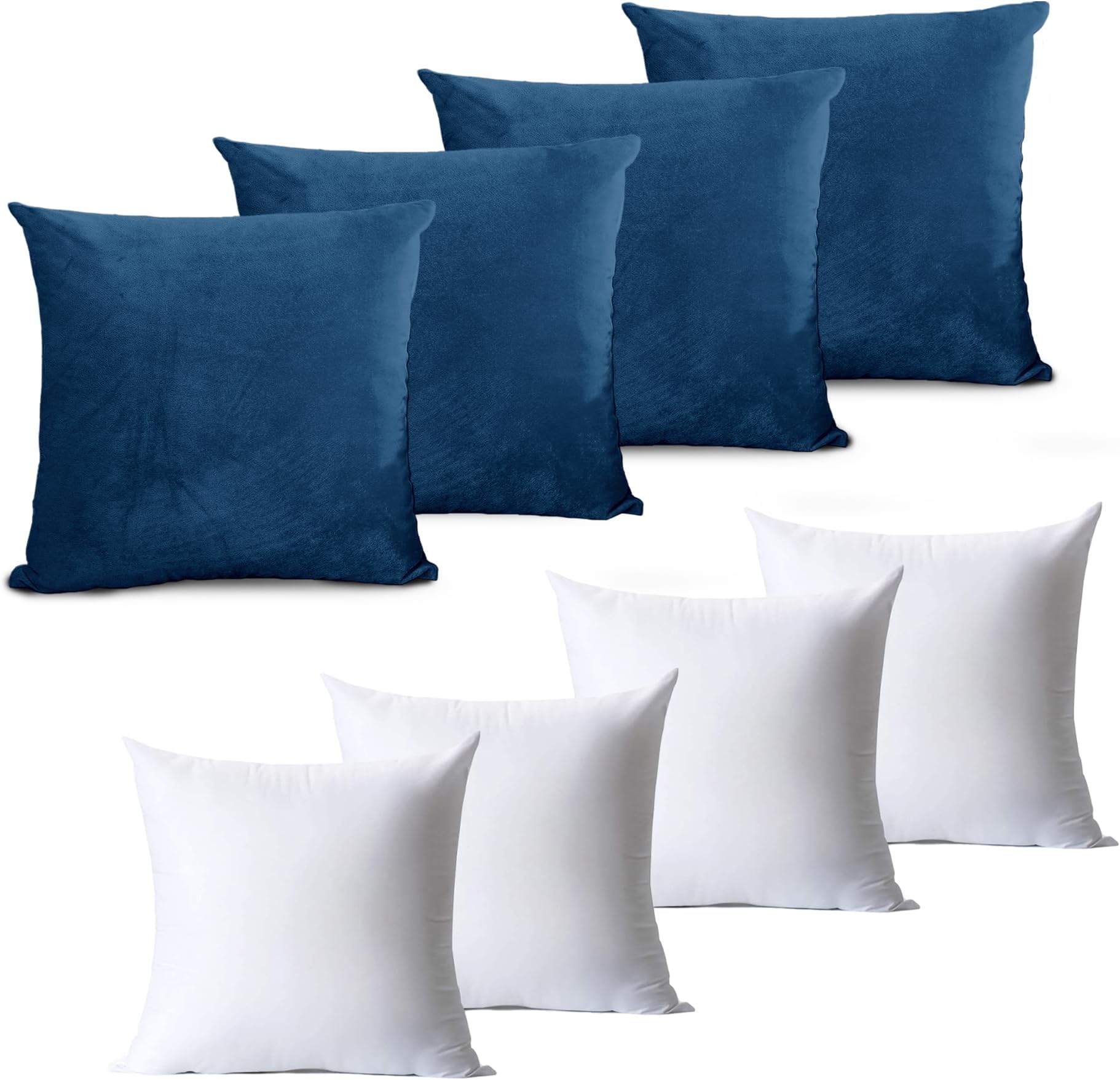 Hafaa Velvet Cushions with Covers Included Set of 8 (4 Navy Cushion Covers 45 x 45, 4 Cushion Inserts) Luxury Decorative Square Throw Pillow Case Sofa Cushion 45cm x 45cm with Invisible Zipper