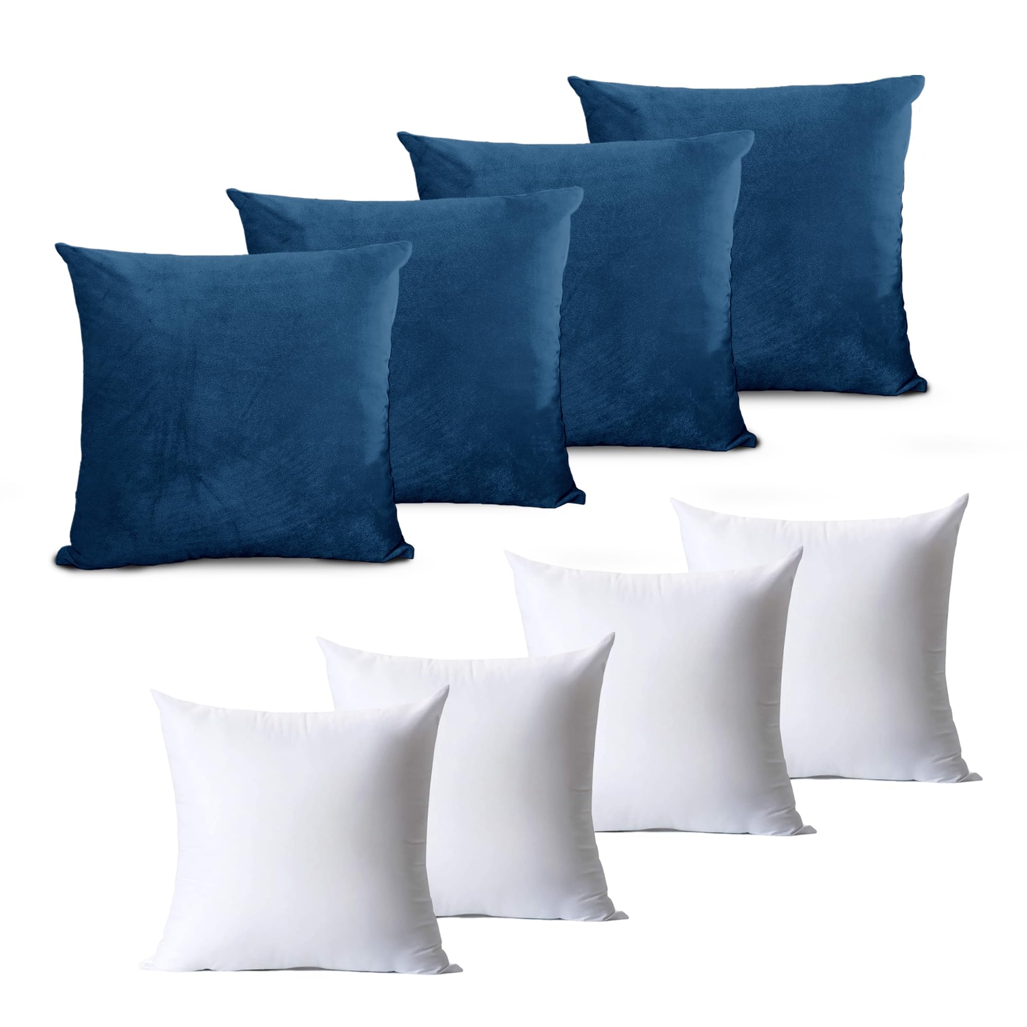 Hafaa Velvet Cushions with Covers Included Set of 8 (4 Navy Cushion Covers 45 x 45, 4 Cushion Inserts) Luxury Decorative Square Throw Pillow Case Sofa Cushion 45cm x 45cm with Invisible Zipper