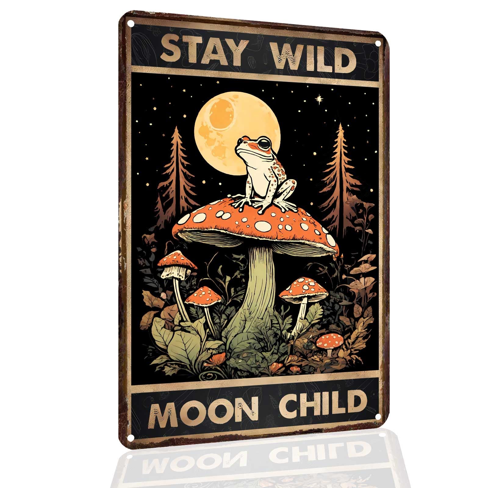 Funny Frog Mushroom Metal Sign, STAY WILD MOON CHILD Cottagecore Goblincore Wall Art, Vintage Tin Plaque for Bathroom Kitchen Bedroom, Whimsical Forest Decor, Mushroom Gifts - 8x12 Inches