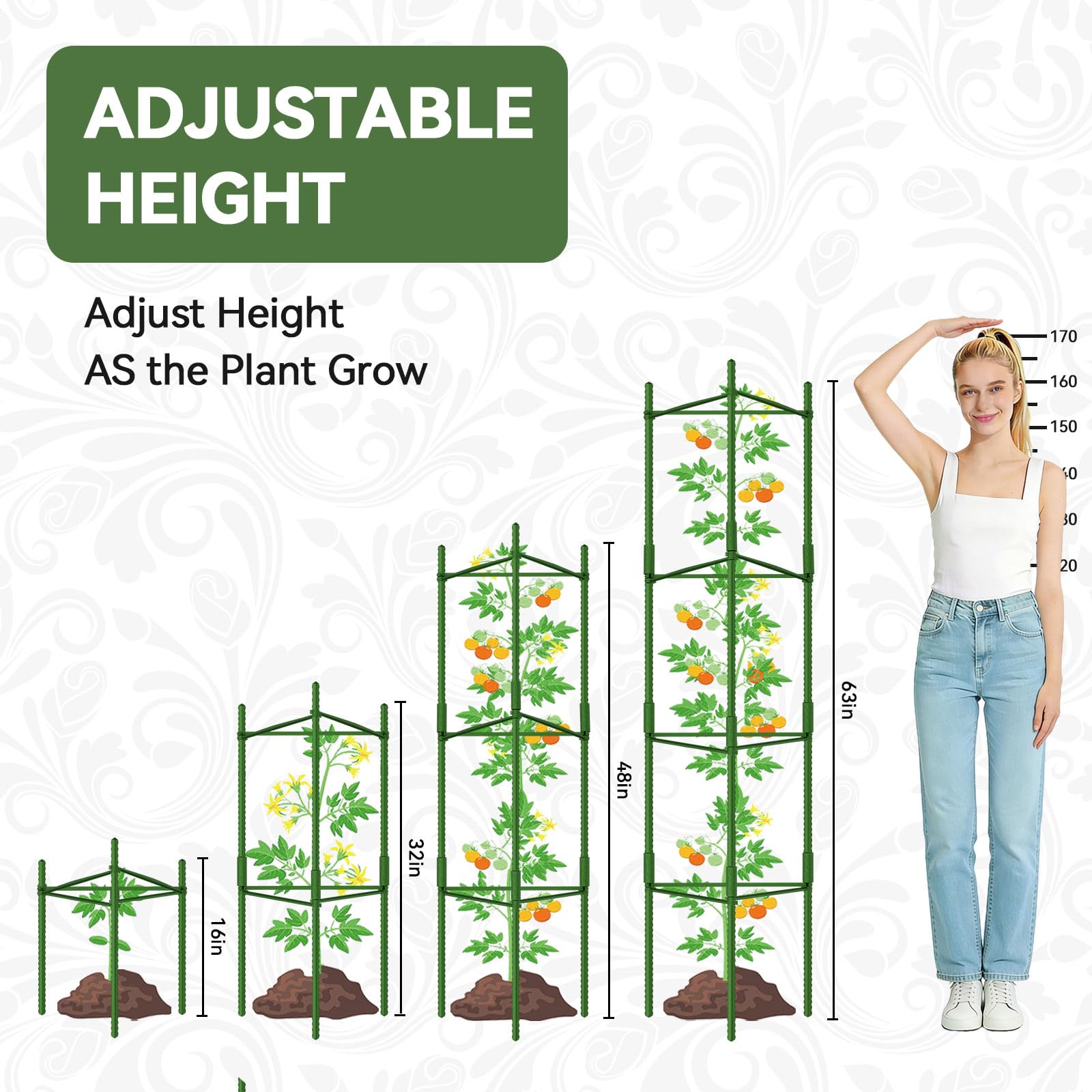 Halatool 6 paquetes de jaulas de tomate, jaula de tomate expandible de hasta 62 pulgadas con 60 lazos giratorios, jaulas de tomate altas con brazos ajustables a presión para verduras (2 hebillas)
