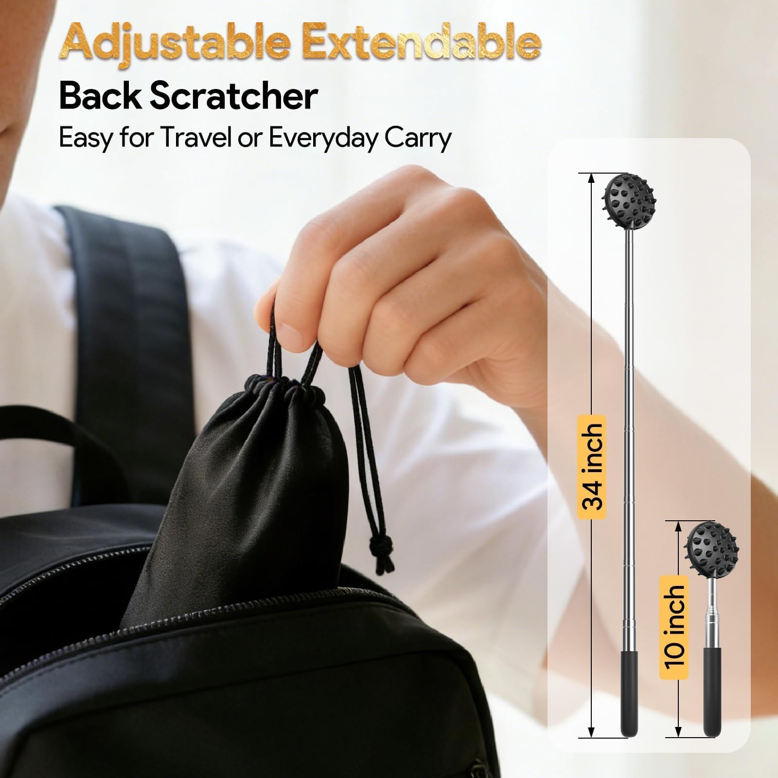 Rascador telescópico trasero con 3 cabezales desmontables, Tukuos portátiles extensibles para hombres/mujeres, masajeador de metal de acero inoxidable/Backslap para arañazos agresivos/moderados
