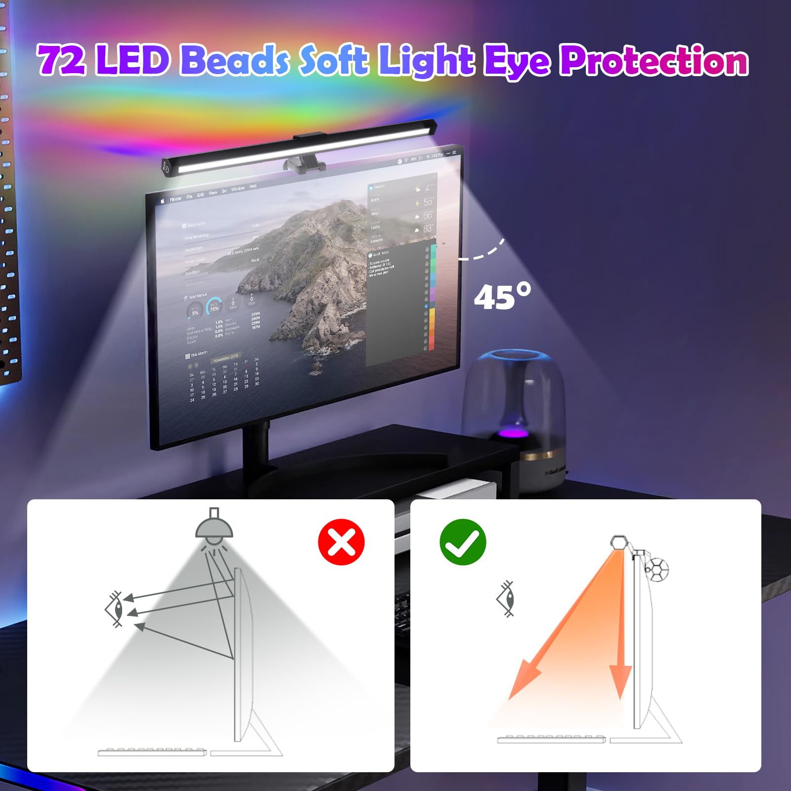 LED Lampe de Bureau 40CM PC USB RGB Light Bar, Lumière de Couleurs Températures Soins Oculaires 3 Modes pour Gaming Office