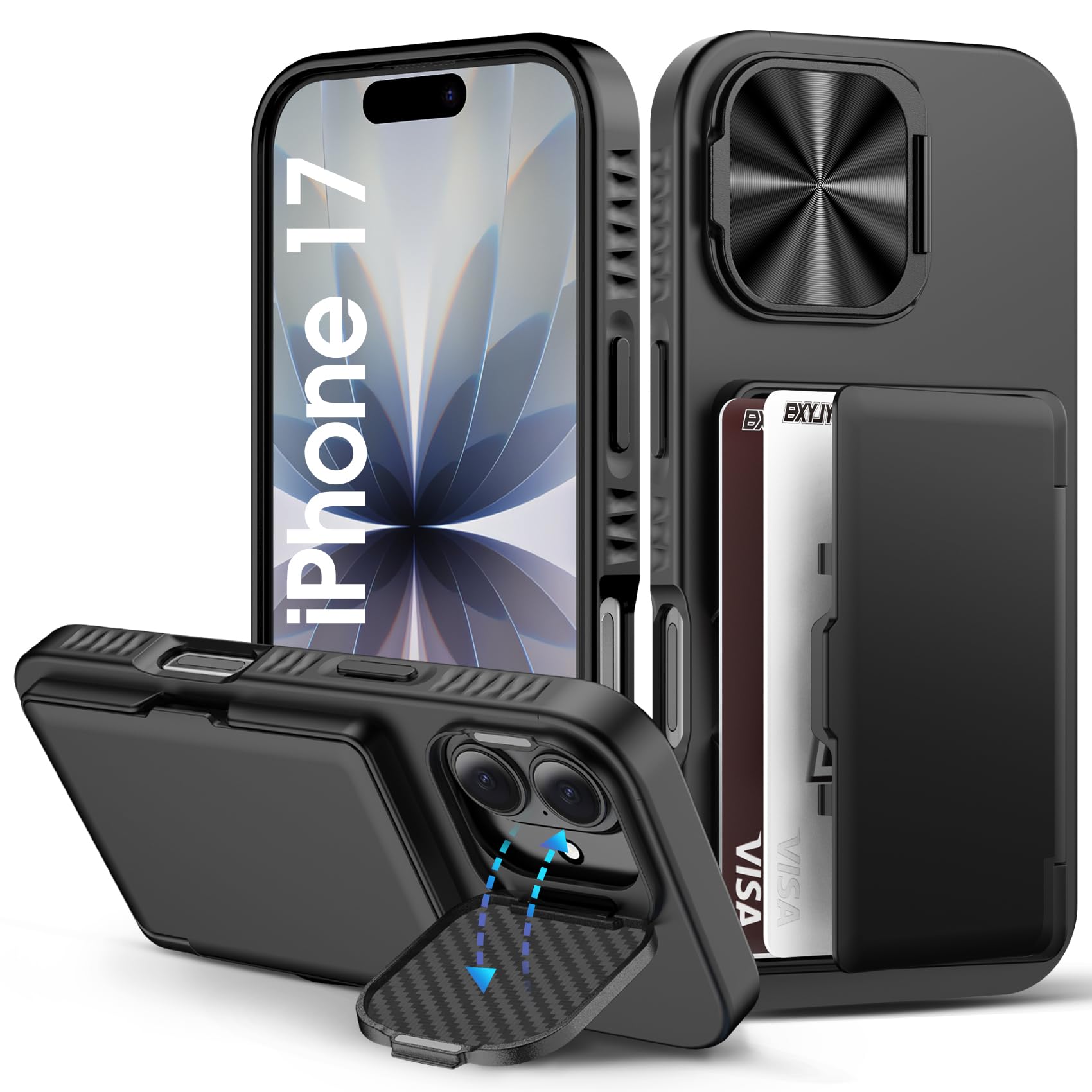 BXYJY for iPhone 17 Phone Case Wallet, Rugged Camera Cover Stand, Black