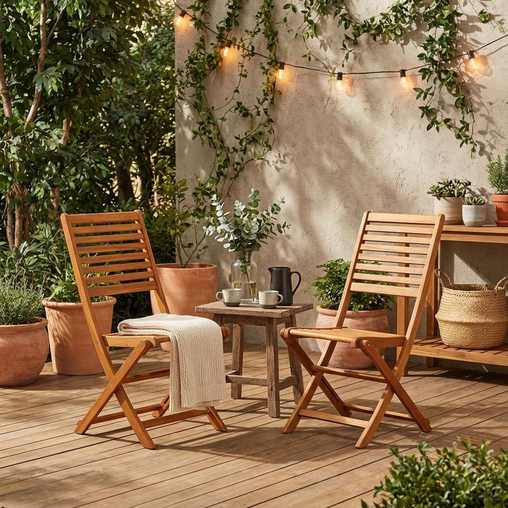 Neutral Oil Foldable Outdoor Dining Chairs Set of 2 Acacia Wood Durable Construction Comfortable Seating for Patio Garden Deck Relaxation
