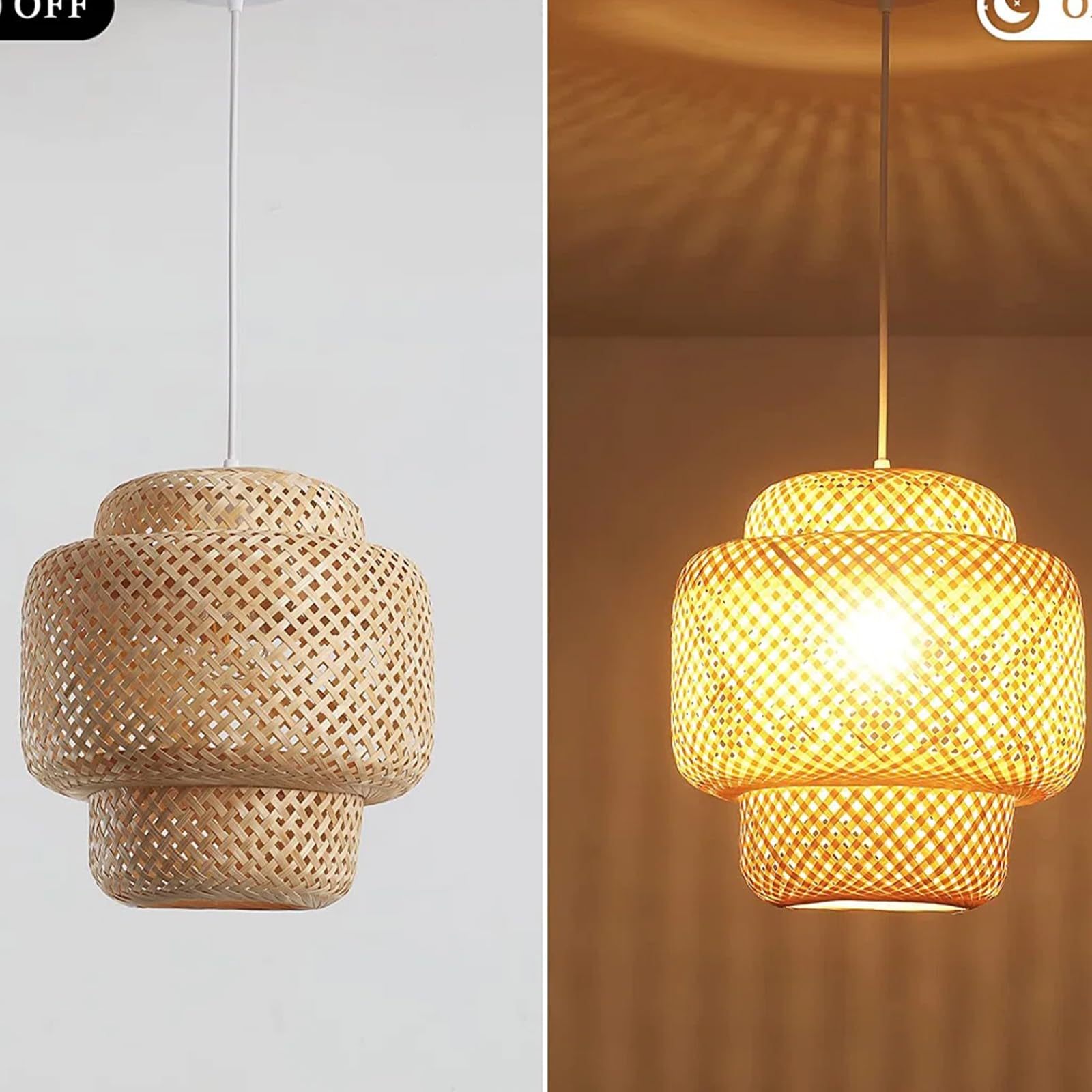 Vintage Bambus Pendelleuchte, Natürlich Geflochten, 30 cm Durchmesser, E27 Fassung, 1,5 m kabel, Boho Wohnzimmer Hängeleuchte(keine Glühbirne)