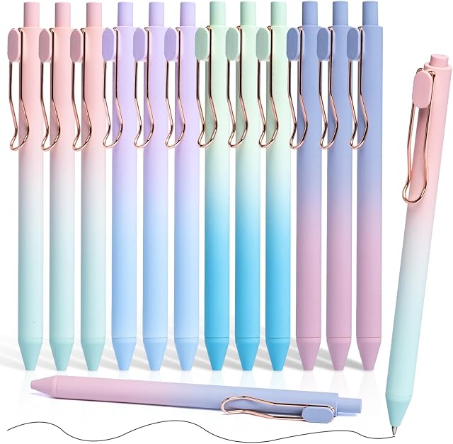 Stylos de gel noir, Stylo de gel mignon rétractable, Stys de pointe fin avec barre de couleur dégradée esthétique pour adultes adolescents Bureau écriture scolaire Prendre des notes Journaling (12Pack, 0.5mm)