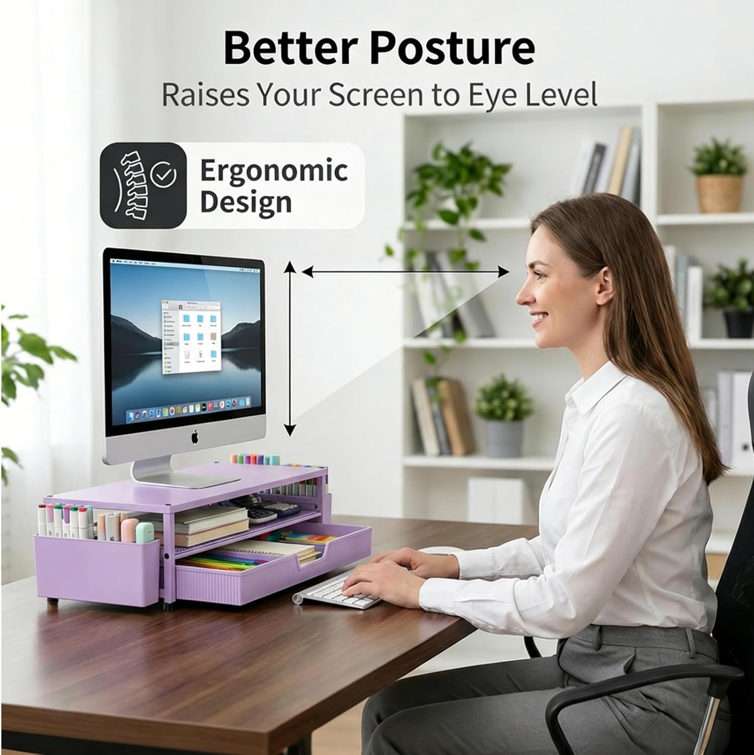 ECOLOVI Desk Organizer and Accessories, 2-Tier Computer Monitor Stand Rise with Storage Drawer & 2 Pen Holders, Laptop & Printer Stand for Desktop, Workspace Organizers for Office Supplies (Purple)