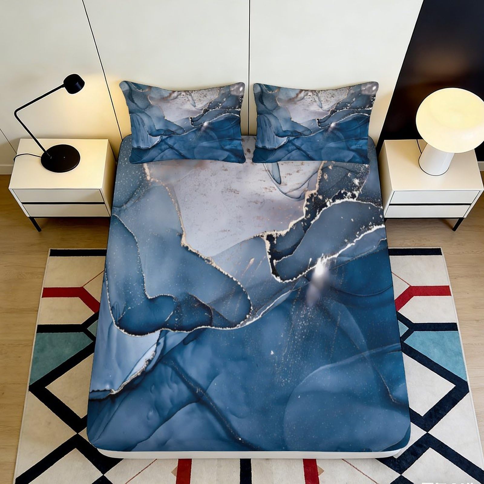 3D Printed Blue Marble Fitted Sheet Microfiber Non-Slip Abstract Ink Mattress Cover for Bedroom Guest Room Decor 180x200x25cm